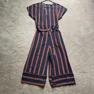 Woman’s full length striped jumpsuit, never worn Size 8, adjustable with belt